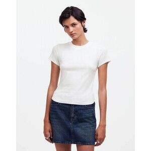Madewell XS Cotton Ribbed Crewneck Tee Eyelet White Ribbed Slim Short Sleeve NWT